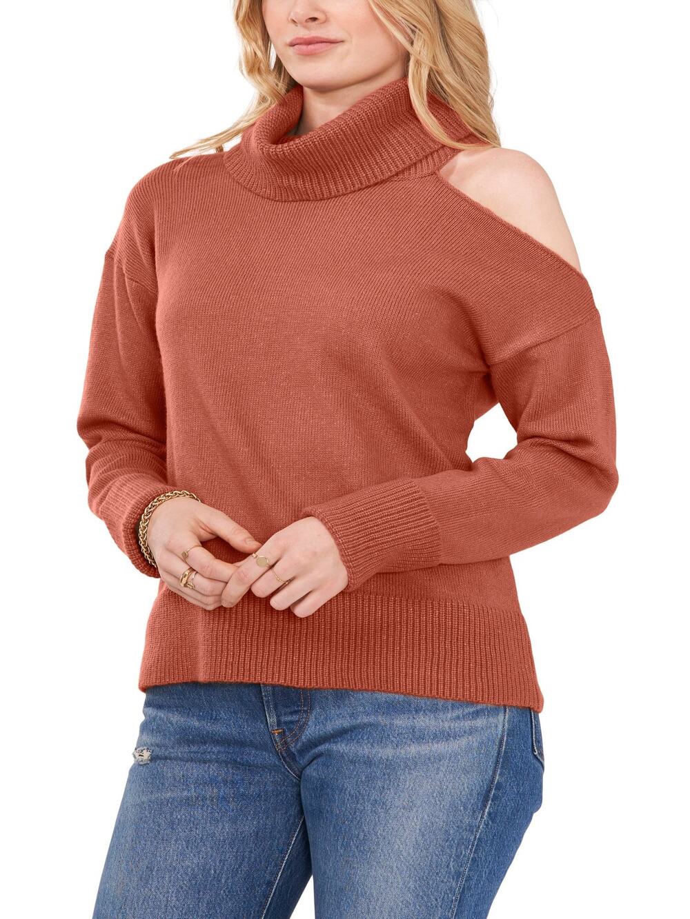 1. State Knit Smog Yarn Cut Out Shoulder Turtleneck Sweater Terra Earth Sz L NWT
